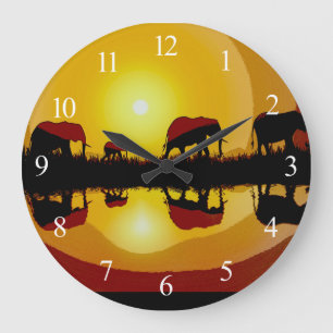 African Sunset Elephants  Large Clock