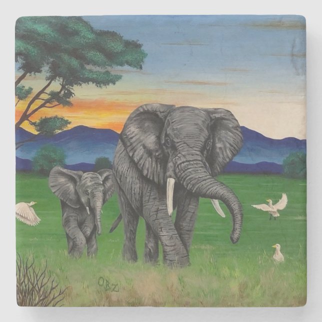 "African Sunset" Elephants Mountains Coaster (Front)