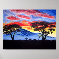 African Sunset Safari Animal Silhouette Painting