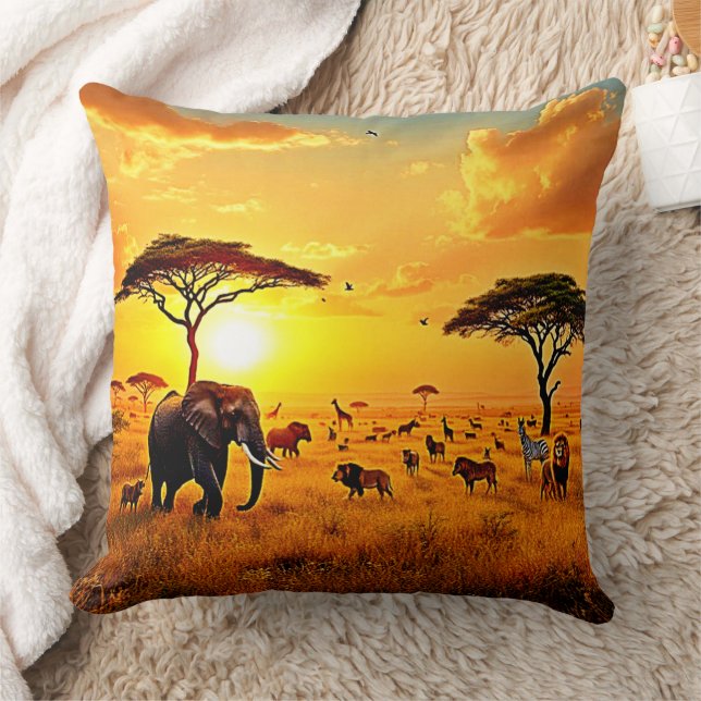 African Sunset Safari Majesty Design Throw Pillow (Blanket)