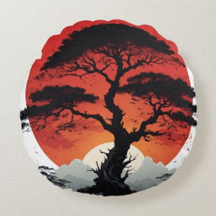 African Sunset Tree Round Pillow