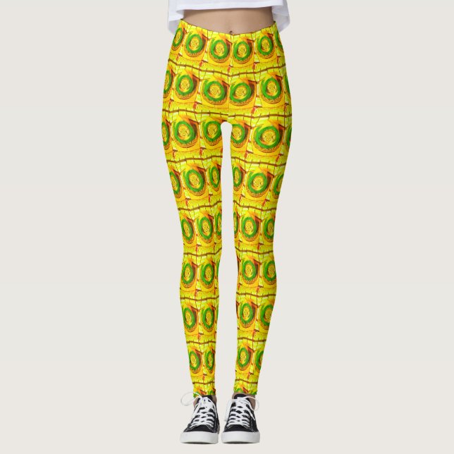 African Traditional Golden Yellow Rose Pattern art Leggings (Front)