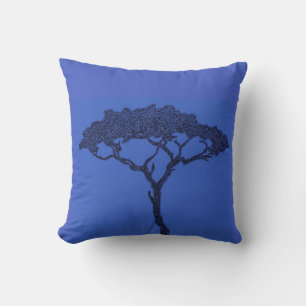 African tree black ink on dark blue throw pillow