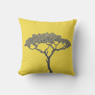 African tree black ink on yellow ochre throw pillow