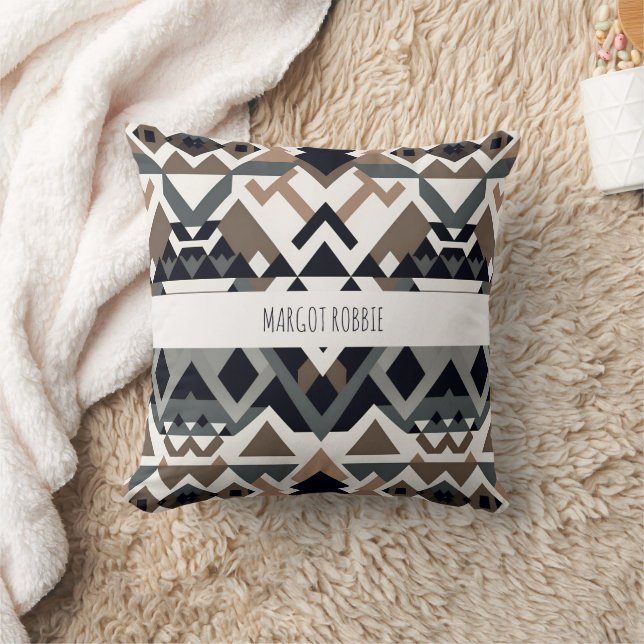 African Triangle Geometric Brown Grey Pattern Throw Pillow (Blanket)