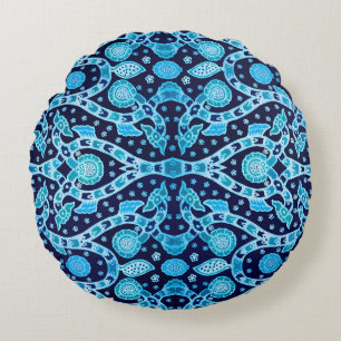 African Tribal Batik Blue Round Pillow