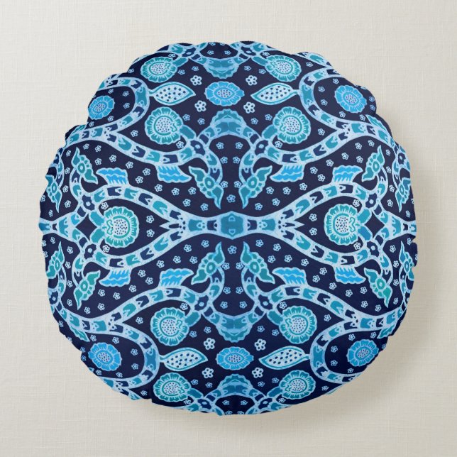 African Tribal Batik Blue Round Pillow (Front)