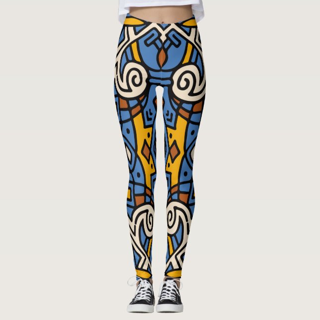 African Tribal Colourful pattern Blue and yellow Leggings (Front)