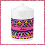 African Tribal Colourful Pink and Yellow<br><div class="desc">Awesome funky tribal print teapot in pink,  yellow,  brown,  blue. Add your name to personalize.</div>