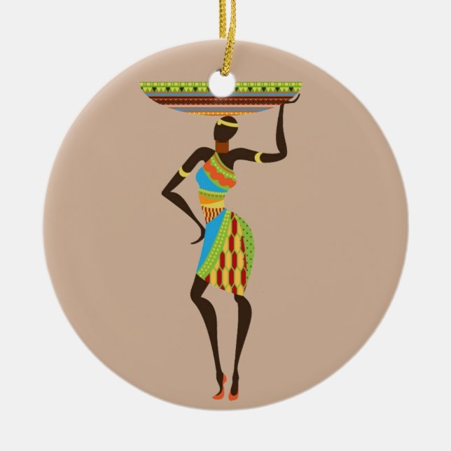 African Tribal Lady with basket tribal art Ceramic Ornament (Front)