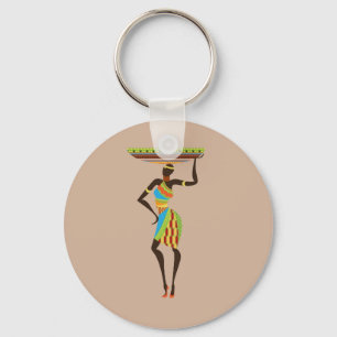 African Tribal Lady with basket tribal art Keychain