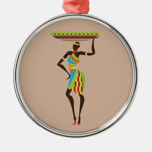 African Tribal Lady with basket tribal art Metal Ornament (Front)