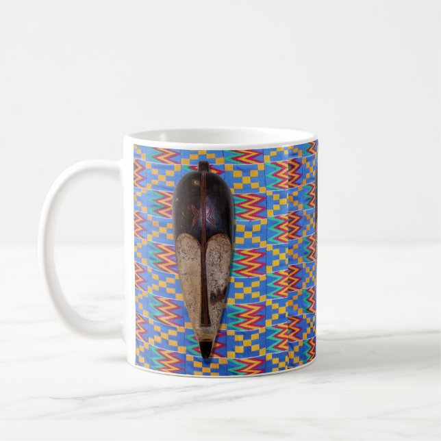 African Tribal Mask Blue Yellow Kente Coffee Mug (Left)