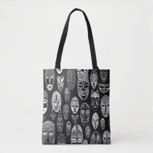 African Tribal Masks Black White Tote