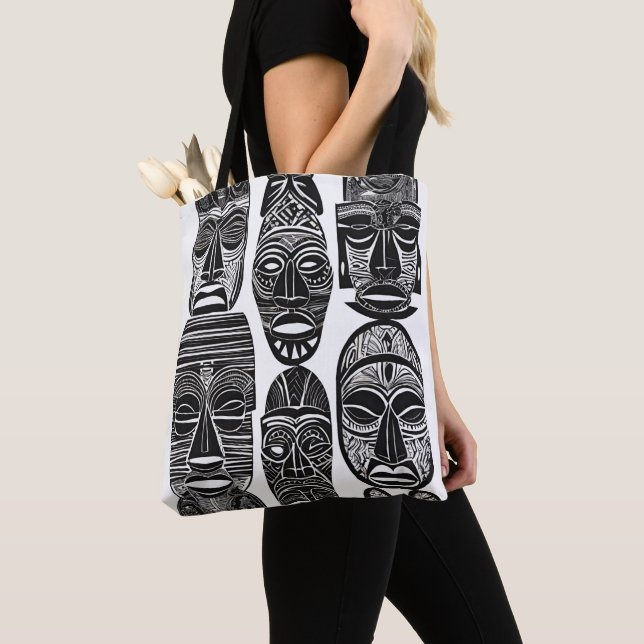 African Tribal Masks Black White Tote Bag (Close Up)