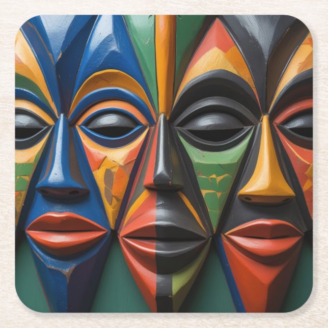 African  Tribal Masks Trio Dynamic  Symmetry  Square Paper Coaster (Front)