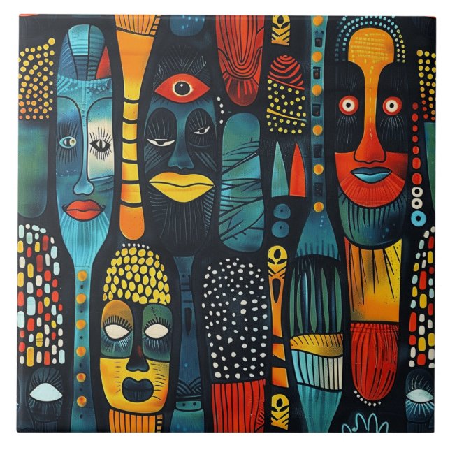 African tribal pattern with idols. tile (Front)