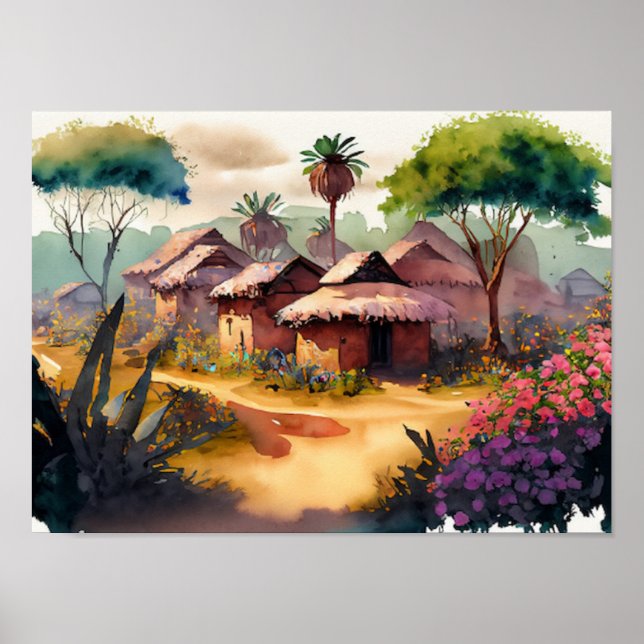 African Village Watercolor Digital Art Poster (Front)
