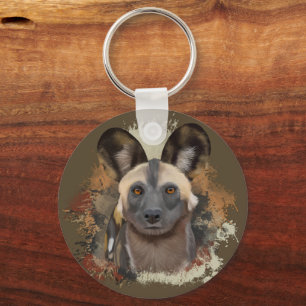 African Wild Dog Abstract Paint Splatter Wildlife Keychain