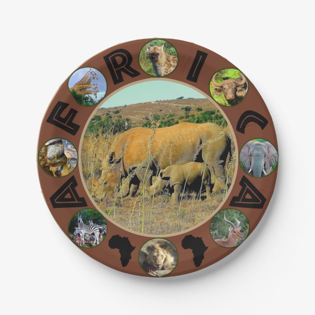 African Wildlife Circle Collage Rhino Reeds Paper Plate (Front)
