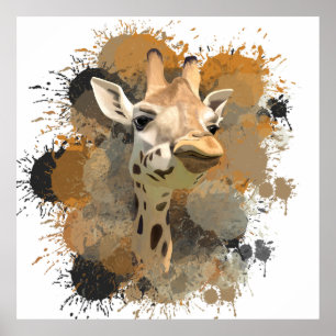 African Wildlife Giraffe Abstract Paint Splatter Poster