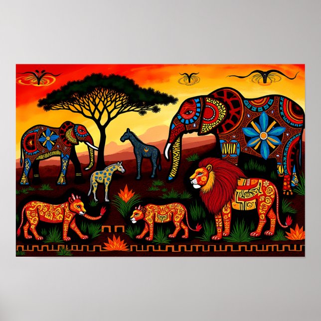 African Wildlife Harmony – Tribal Pattern  Poster (Front)