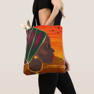 African woman and Savannah landscape sunset  Tote Bag
