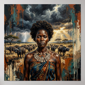 African Woman Buffalo Poster, Black Queen Art Poster