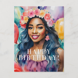 African Woman Colourful Happy Birthday Balloons Postcard