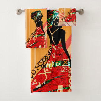 African Woman Orange Abstract Bathroom Towel Set