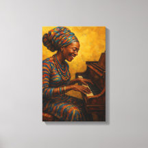African Woman Playing Piano with Joyful Expression