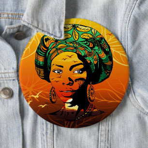 African Woman Portrait with Sunset 6 Inch Round Button