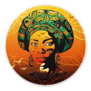 African Woman Portrait with Sunset Ceramic Knob