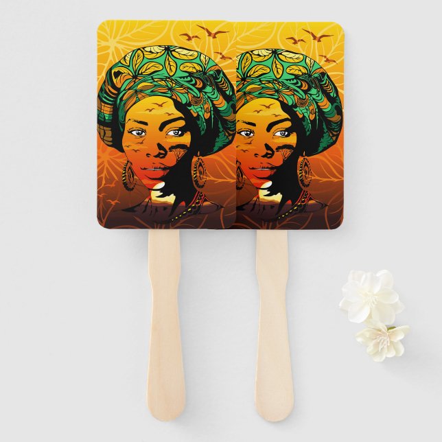 African Woman Portrait with Sunset Hand Fan (Front and Back)