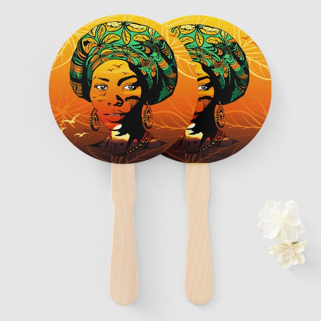 African Woman Portrait with Sunset Hand Fan (Front and Back)