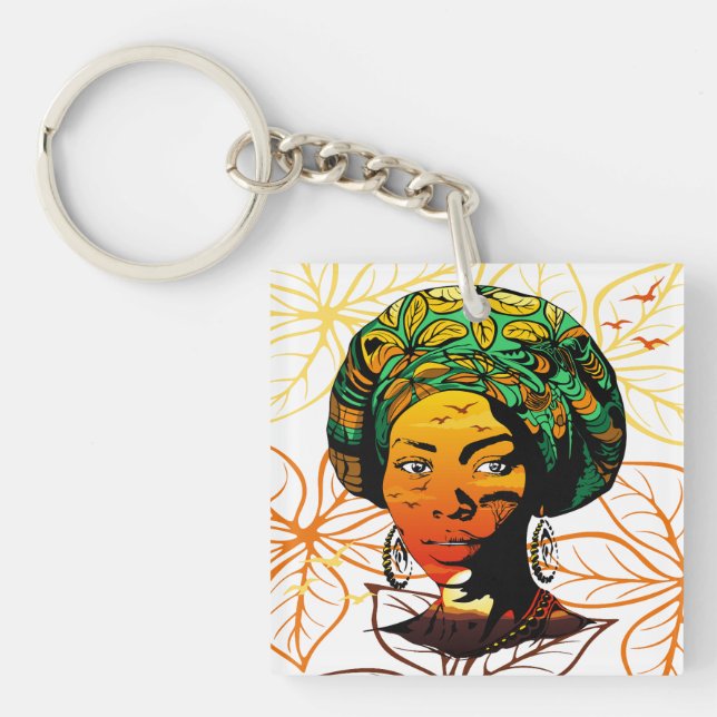 African Woman Portrait with Sunset Keychain (Front)