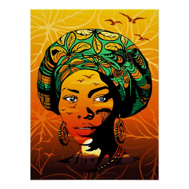 African Woman Portrait with Sunset Poster (Front)