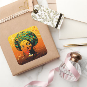 African Woman Portrait with Sunset Square Sticker