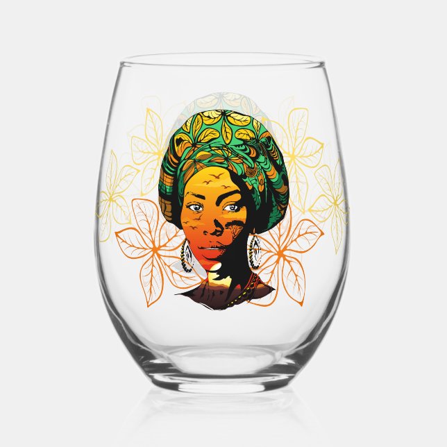 African Woman Portrait with Sunset Stemless Wine Glass (Front)