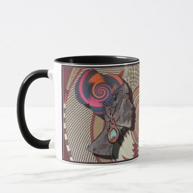 African woman profile on a woven basket mug (Left)