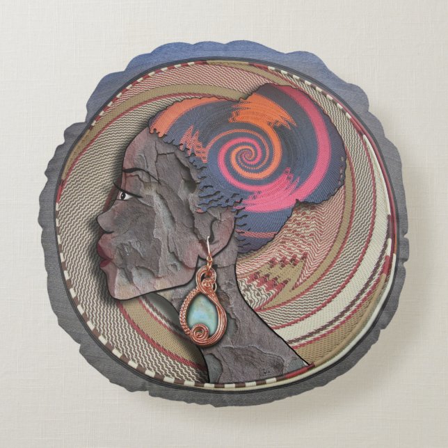 African woman profile on a woven basket round pillow (Front)