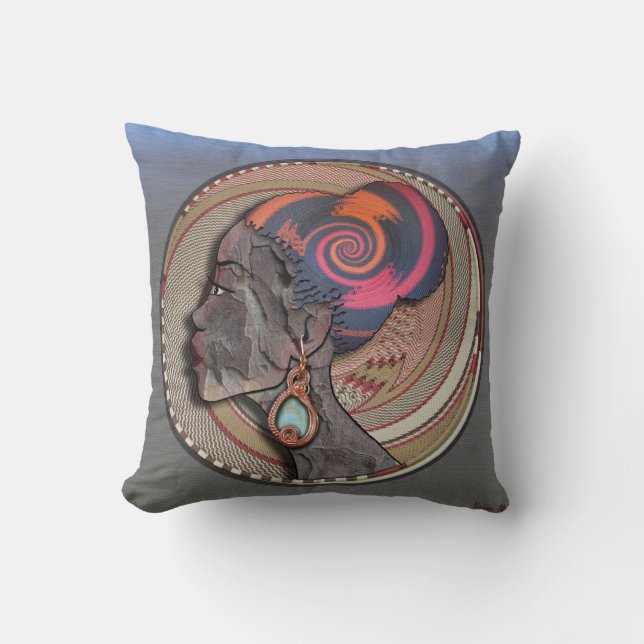 African woman profile on a woven basket throw pillow (Front)