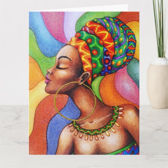 African Woman with Wax Traditional Fabric Card (Front)