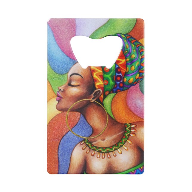 African Woman with Wax Traditional Fabric Credit Card Bottle Opener (Front)