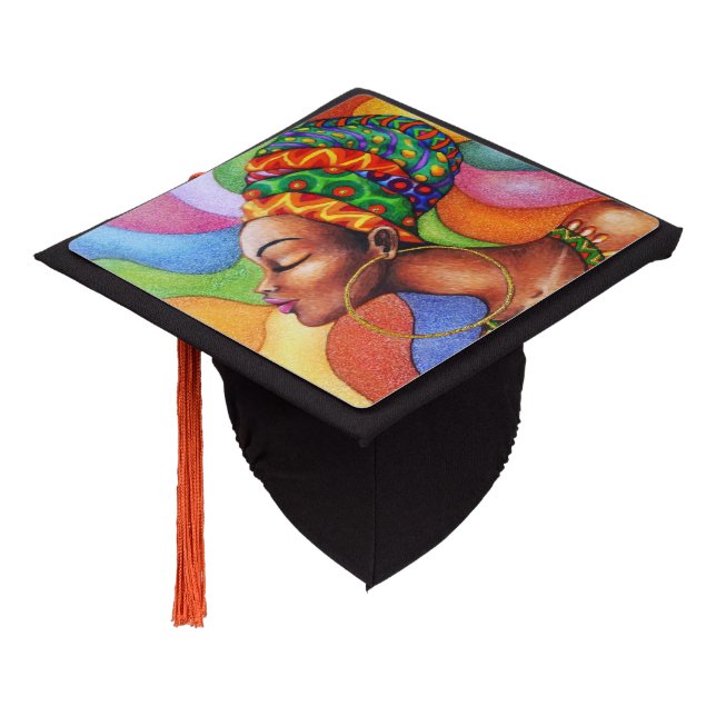 African Woman with Wax Traditional Fabric Graduation Cap Topper (Angled)
