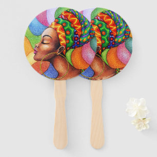African Woman with Wax Traditional Fabric Hand Fan