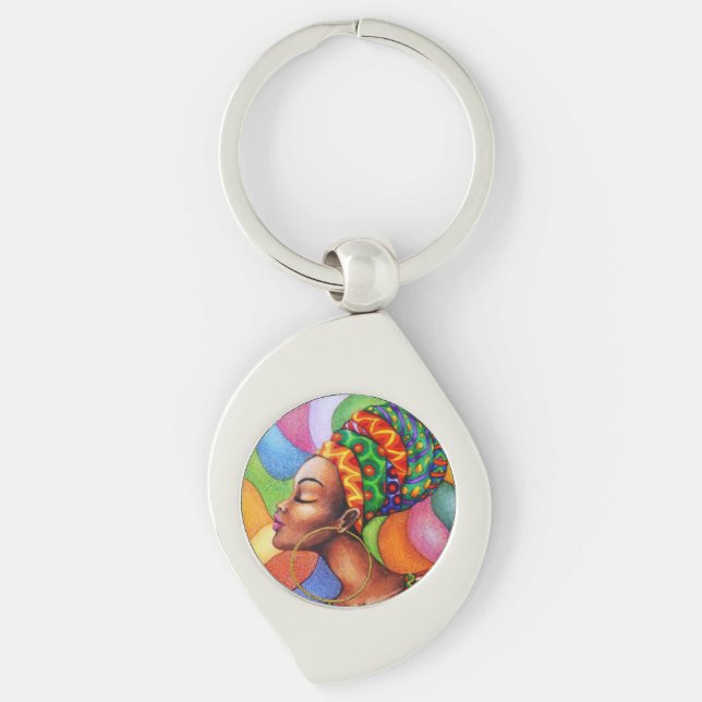 African Woman with Wax Traditional Fabric Keychain (Front)