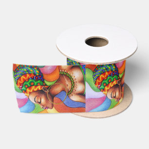 African Woman with Wax Traditional Fabric Satin Ribbon