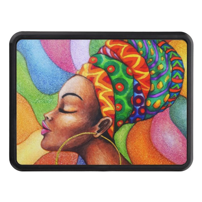 African Woman with Wax Traditional Fabric Trailer Hitch Cover (Front)