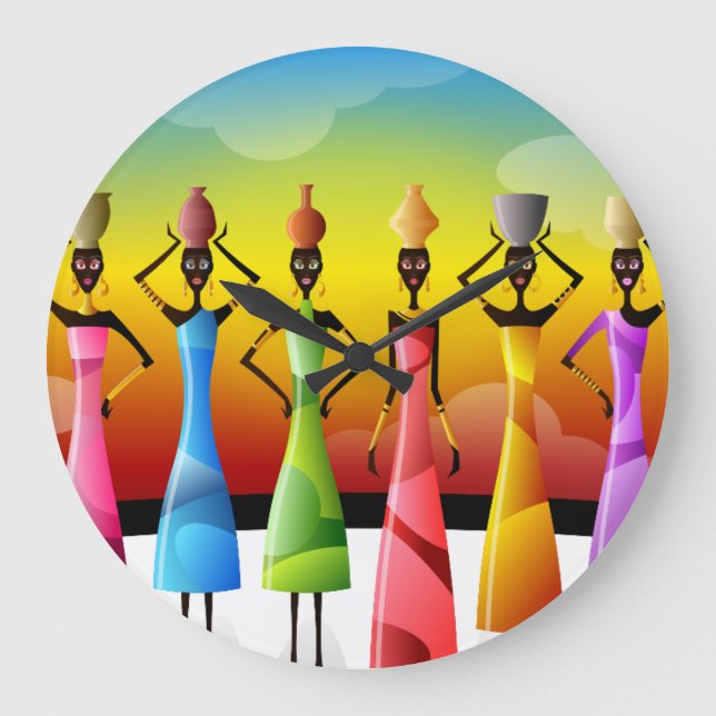 African Women with Pottery on their heads Large Clock (Front)